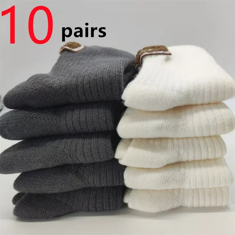 5/10 Pairs Socks Women Luxury Designer Cashmere Wool Sock Solid Warm Thick Pile Embroidered Logo Mid-Calf female Snow Boot Socks - Matrix Studios