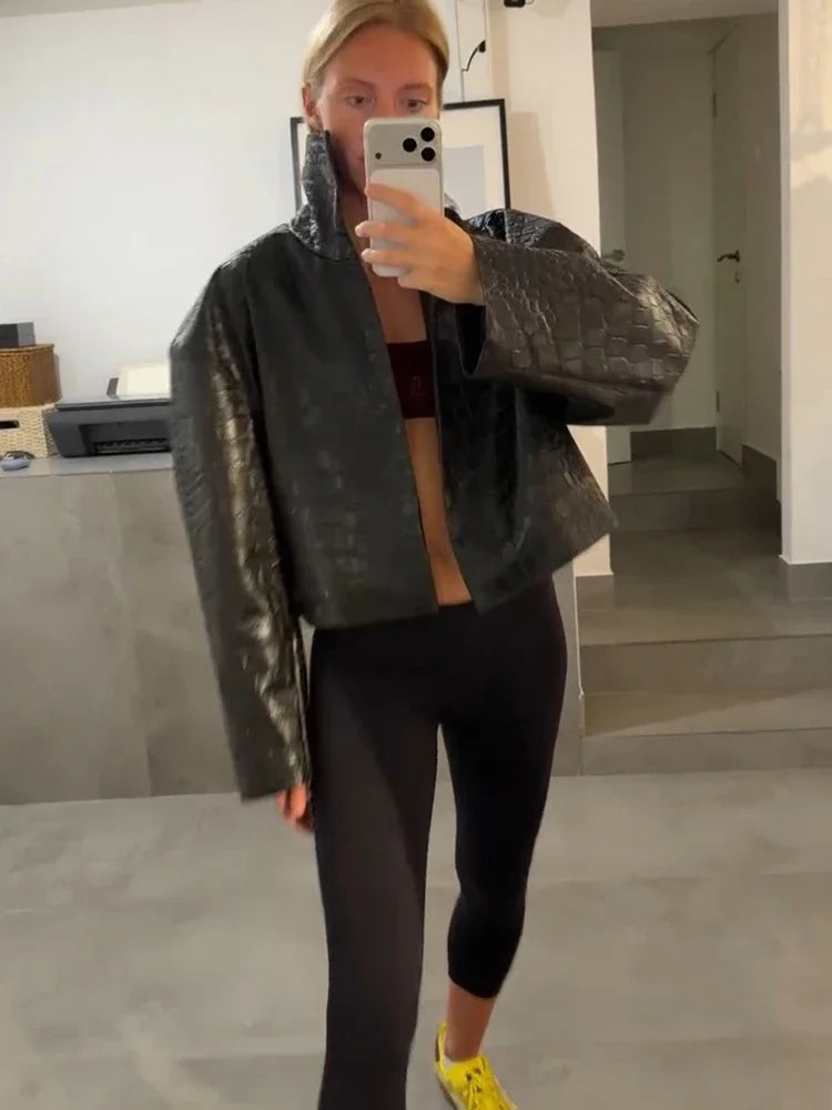 Crocodile Pattern Embossed Short Women Leather Jacket Stand Collar Zipper Long Sleeved Cropped Jackets 2026 Street Daily Outfit - Matrix Studios