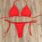 Women Tie Sexy Thong Bikini Set Side Swimsuit Bandage Style Brazilian Swimwear Split Strap Adjustable Solid Female Swimsuit Set - Matrix-studios.com