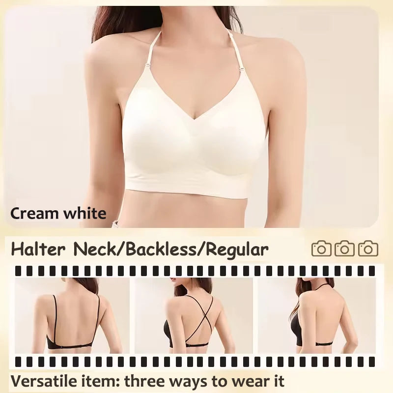 FINETOO Women's 3 Ways to Wear Halter Neck Backless Bralette Seamless Thin-Strapped Gather Bra Female Sexy Solid Color Underwear - Matrix Studios