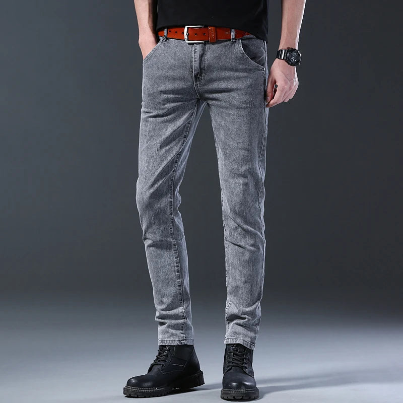 New style jeans, men's slim fit, Korean style comfortable straight leg elastic gray mid waist pants, men's casual denim pants - Matrix Studios