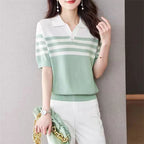 Women's POLO Collar T-Shirt Summer New 100% Cotton Knitted Short-Sleeved Casual Striped Shirt Women's Lapel Pullover Loose Top
