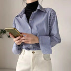 Classic Striped Woman Spring Autumn Blouses Shirt Lady Long Lantern Sleeve Stand Collar Loose Blusas Tops - Matrix-studios.com