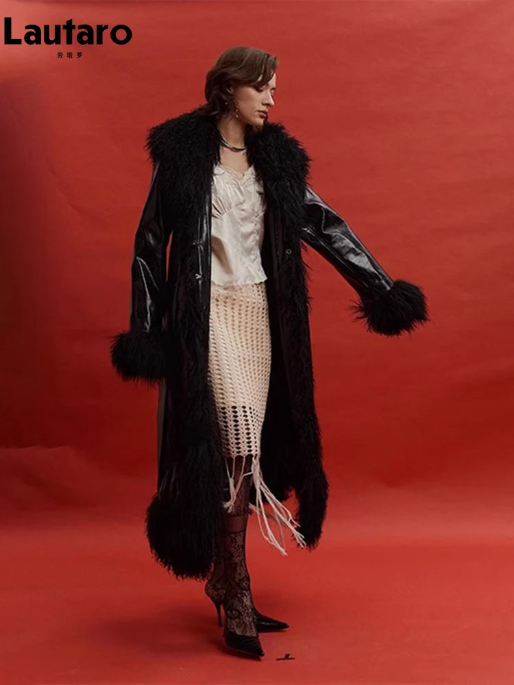 Lautaro Spring Autumn Long Black Shiny Patent Pu Leather Coat Women with Faux Fur Trim Luxury Designer Clothing European Fashion - Matrix Studios