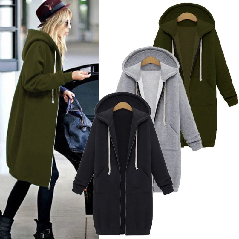 2024 Women's Autumn Winter ThickenHoodies Parkas Loose Hooded Jackets Zipper Pocket Maxi Size Sweatshirt Sports Dresses Outwear - Matrix Studios