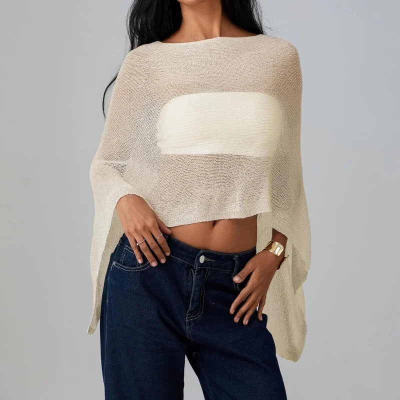 Women Sheer Knit Poncho Top Y2K See Through Crochet Batwing Sleeve Beach Cover Up Poncho Shawl Beach Vacation Outfits - Matrix Studios