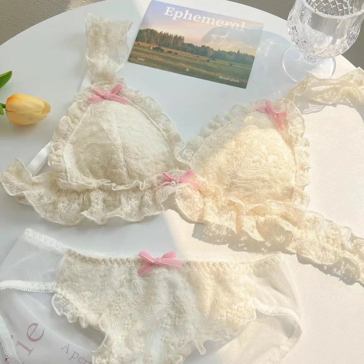Japanese girl underwear female sweet cute pure desire without underwire bow lace edge thin bra set - Matrix-studios.com