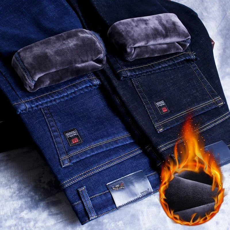 New Men's Fleece Warm Jeans Winter Thicken Plush Velvet Business Office Denim Trousers Brand Clothing Stretch Casual Male Pants - Matrix Studios
