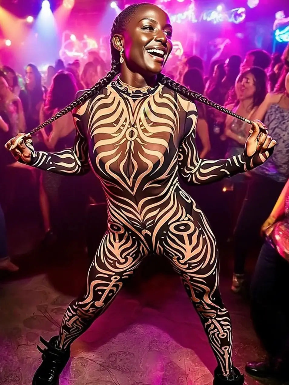 Weird Puss Sexy Striped Print Jumpsuits Women Wild Style Turtleneck Full Sleeve Midnight Party Club Stretch Streetwear Overalls - Matrix Studios