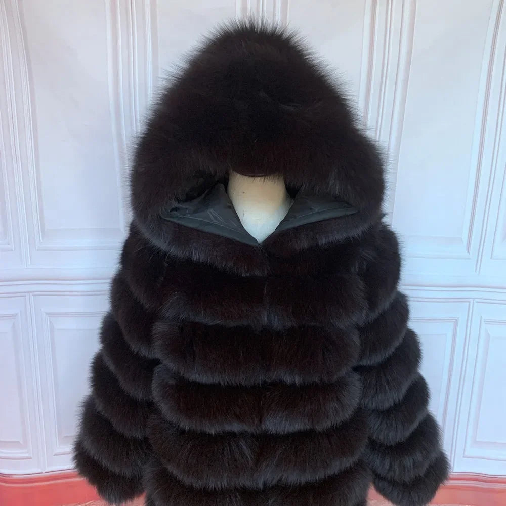 QUEENTINA Hood Fur Coat Women Real Fox Long New Luxury Female Natural Leather Jacket Warm Thick Long Winter Fur Vest Waistcoat - Matrix Studios