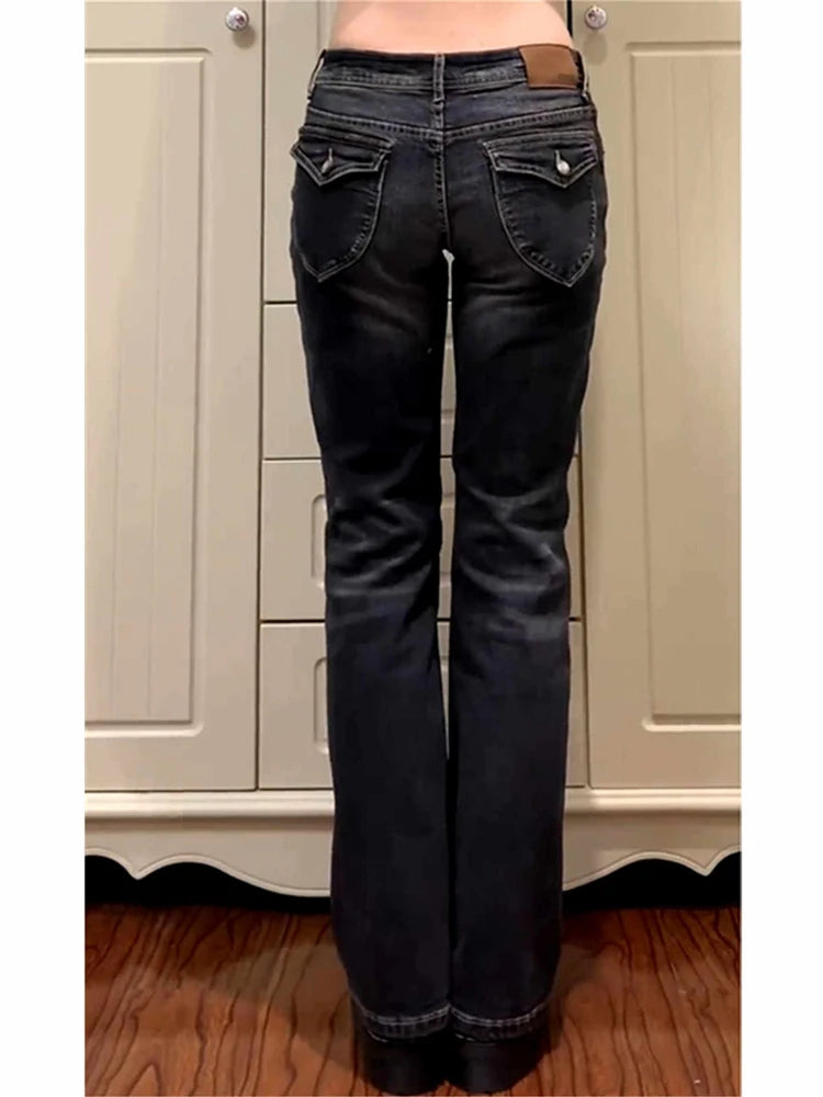 Women's Low Rise Flared Jeans Black Bootcut Jeans American Retro Denim Pants Y2k Japanese 2000s Harajuku Bell Bottom Skinny Jean - Matrix-studios.com