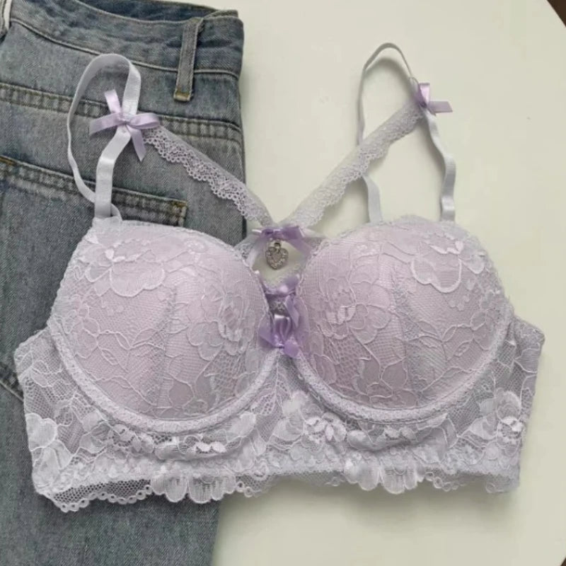 MOYISU Kawaii Heart Bra Set, Purple Lace Lingerie Sexy Pure Design, Push Up Bralette Sml Boobs Fashion Outerwear Statement Piece - Matrix-studios.com