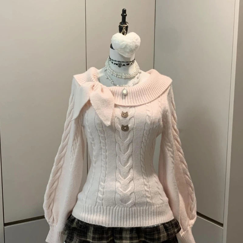 Preppy Style Sweet Knitted Sweater 2000s Aesthetic Gyaru Chic Korean Y2k Jumper Sweater Long Sleeve Coquette Knitwears - Matrix Studios