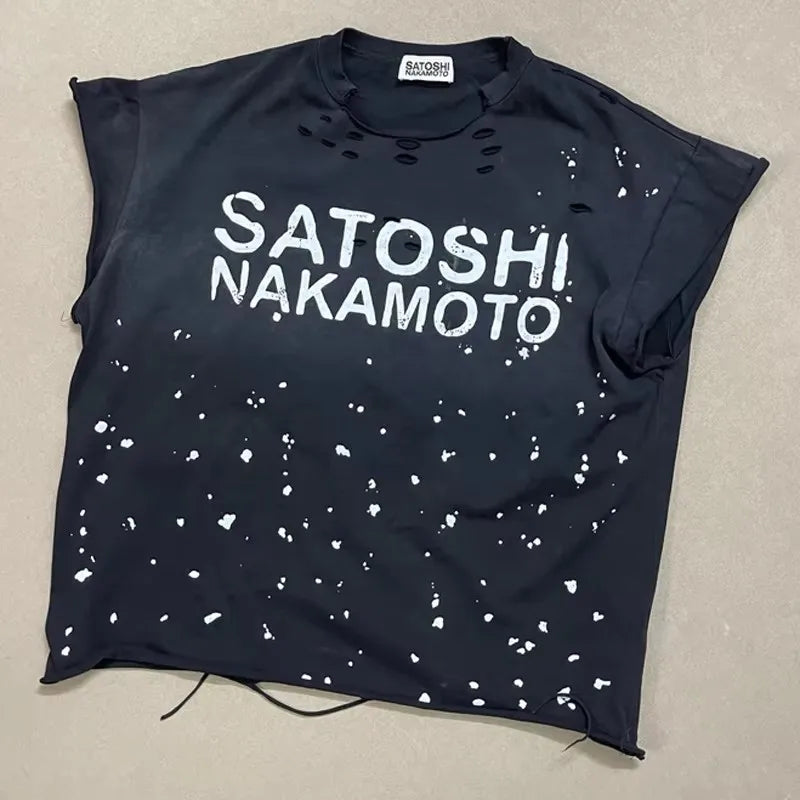 Ripped Hole Satoshi Nakamoto T-shirt High Quality Splash-ink Pattern Short Sleeve Retro Casual Loose Round Neck T Shirts - Matrix-studios.com