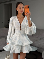 Women Floral Print Mini Dress V-neck Balloon Sleeve Keyhole Detail Tiered Ruffle Hem Dresses 2026 New Summer Holiday Party Gowns - Matrix-studios.com