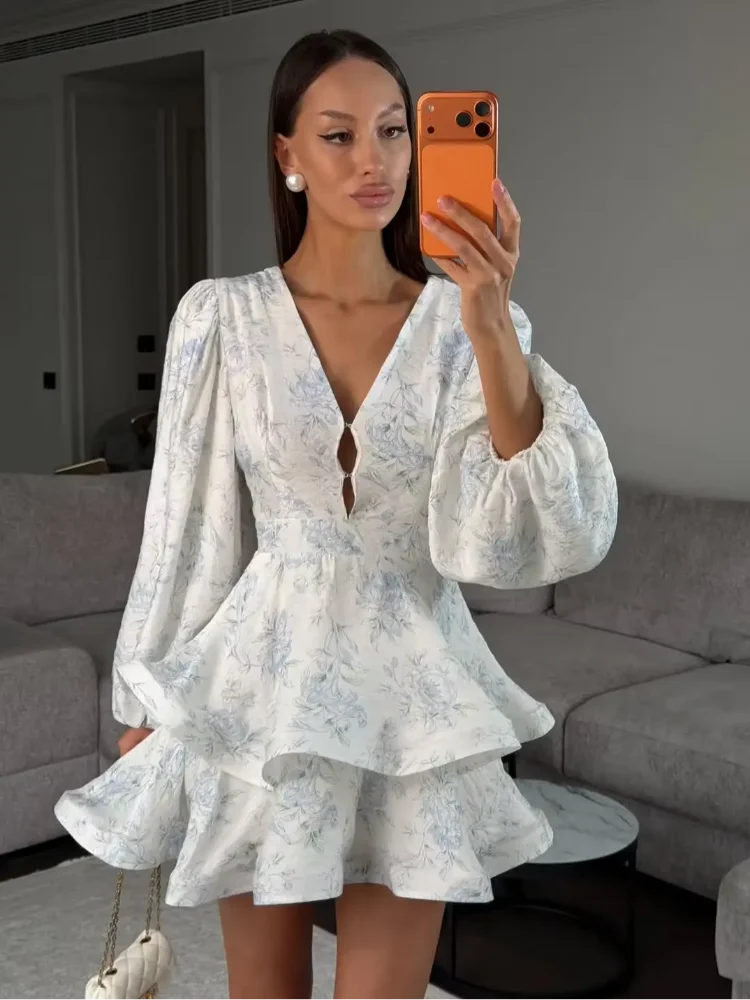 Women Floral Print Mini Dress V-neck Balloon Sleeve Keyhole Detail Tiered Ruffle Hem Dresses 2026 New Summer Holiday Party Gowns - Matrix-studios.com