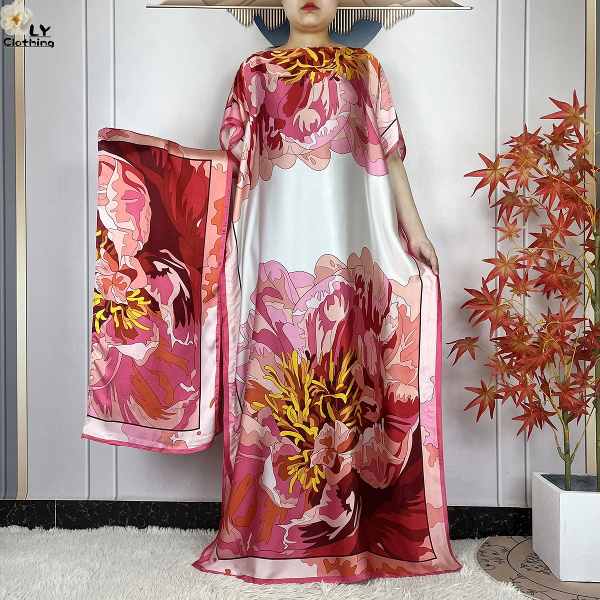 Muslim Abayas For Women 2023 New Fashion Printed Silk Soft Loose Femme Elegant Robe African Maxi Party Dresses With Belt Turban - Matrix-studios.com