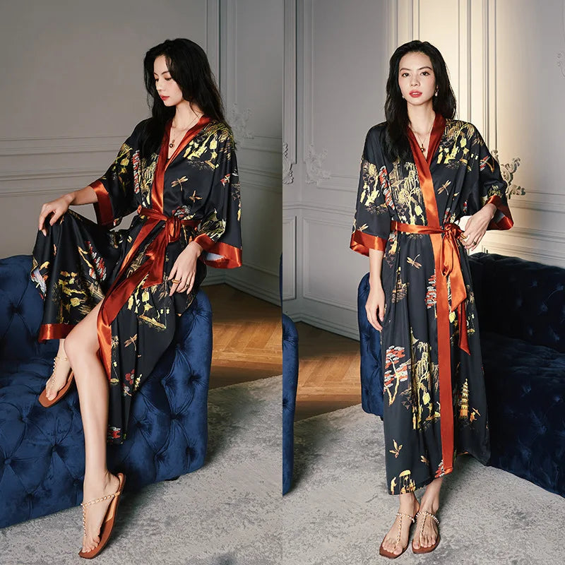 Print Flower Long Kimono Bathrobe Gown Sexy Women Half Sleeve Wedding Robe Nightgown Spring Summer Rayon Home Dress Sleepwear - Matrix-studios.com