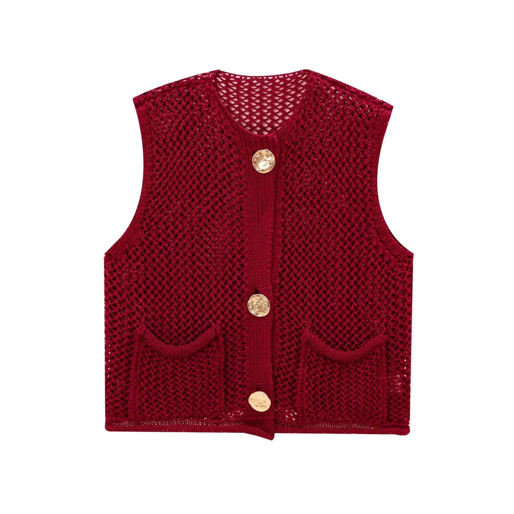 Women Fashion Sleeveless Coarse Needle Knitting Vest Sweater Female Chic Big Pockets Patch Buttons Cardigan Waistcoat Tops - Matrix Studios
