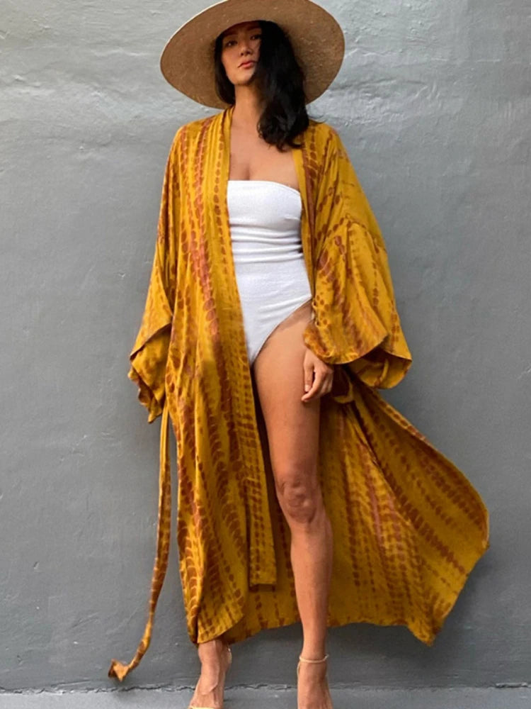 Bikini Cover Up Tie Dye Printed Swimsuit Cape Pareo Bohemian Beach Kimono Dresses Self Belted Bathing Suits Dropshipping - Matrix Studios