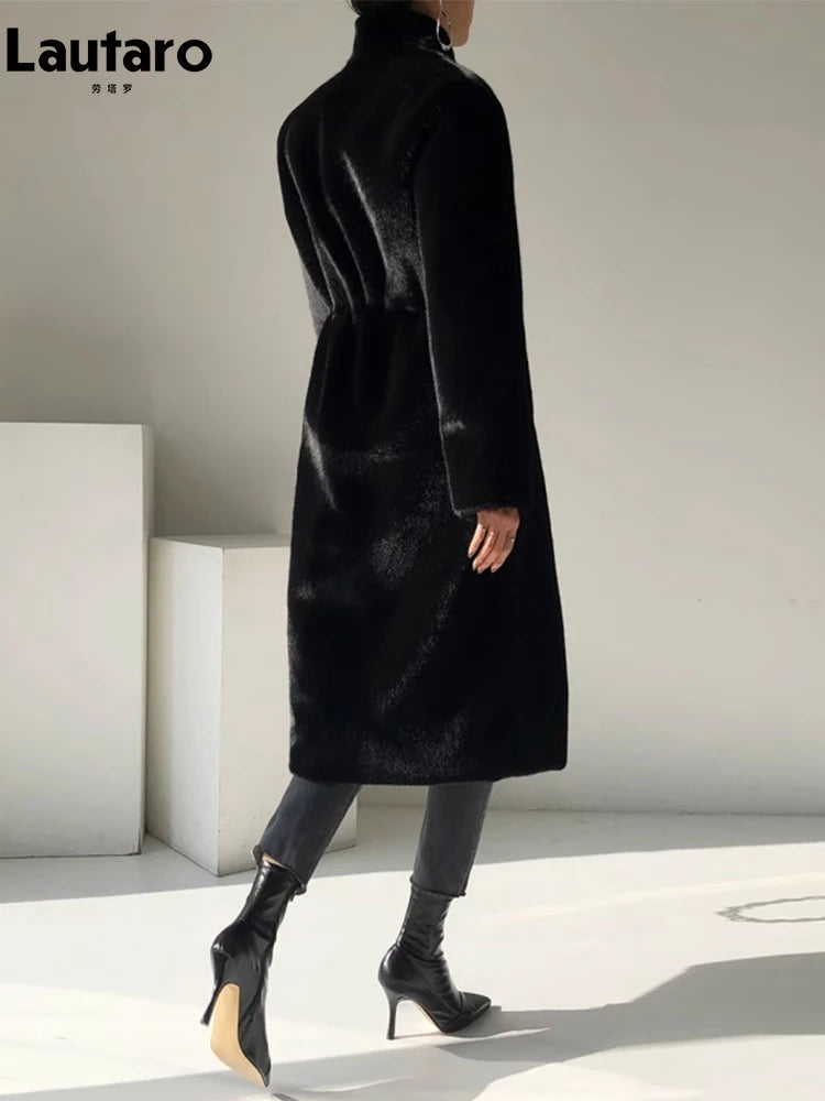 Lautaro Winter Long Black Luxury Elegant Stylish Thick Warm Fluffy Hairy Soft Faux Mink Fur Coat Women Stand Collar Sashes 2023 - Matrix Studios