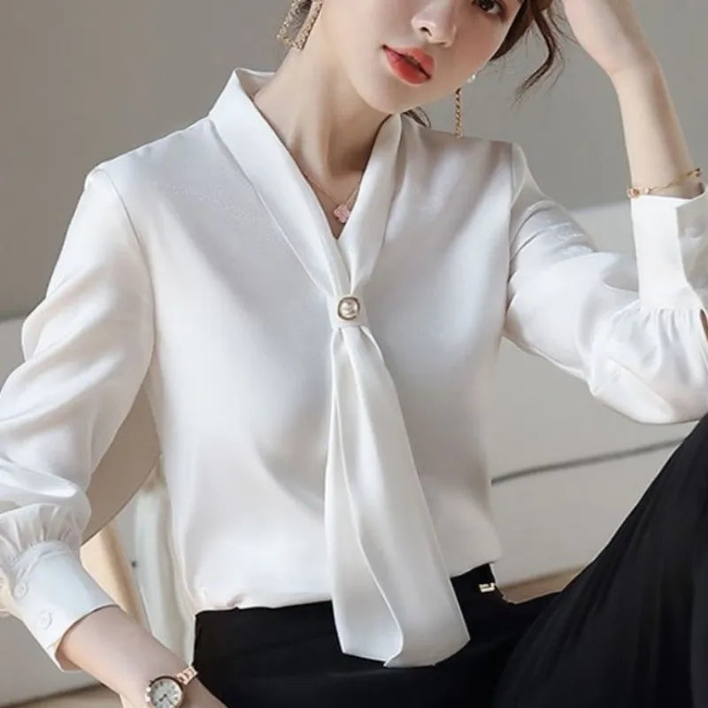 Women Spring Autumn Style Blouses Shirts Lady Casual Long Sleeve Bow Tie Collar Blusas Tops DF4958 - Matrix-studios.com
