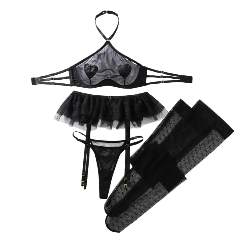 New Fashion Mesh See Through Halter Neck Lingerie Set Women Sexy Perspective Three-point Style with Stockings Shaping Split Set - Matrix-studios.com