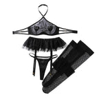 New Fashion Mesh See Through Halter Neck Lingerie Set Women Sexy Perspective Three-point Style with Stockings Shaping Split Set - Matrix-studios.com