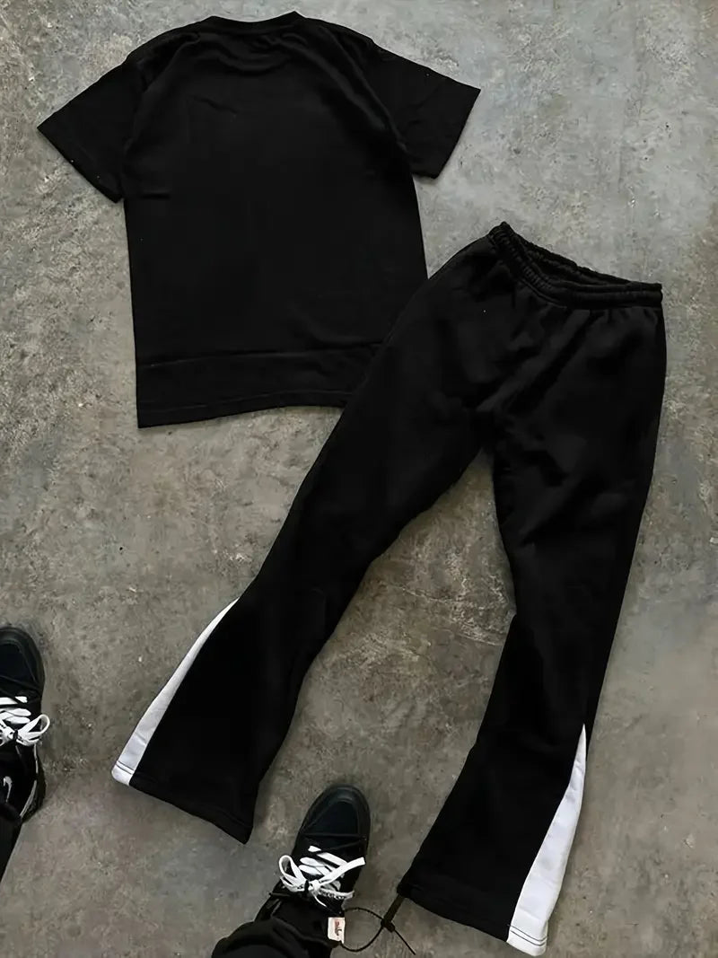 Men's Fashionable and Trendy Street Micro-flare Pants Set with Bold Color-blocking and Gothic Cross and Alphabet Prints