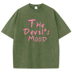 Fashion Womans Cotton Washed T-shirts The Devil's Moon Letter Prints Tops Casual O-Neck Oversize Tees Street Female Clothes - Matrix-studios.com