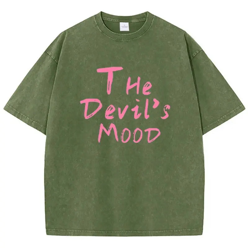 Fashion Womans Cotton Washed T-shirts The Devil's Moon Letter Prints Tops Casual O-Neck Oversize Tees Street Female Clothes - Matrix-studios.com