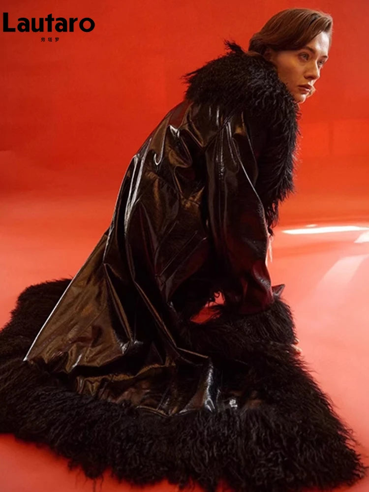 Lautaro Spring Autumn Long Black Shiny Patent Pu Leather Coat Women with Faux Fur Trim Luxury Designer Clothing European Fashion - Matrix Studios