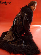 Lautaro Spring Autumn Long Black Shiny Patent Pu Leather Coat Women with Faux Fur Trim Luxury Designer Clothing European Fashion - Matrix Studios