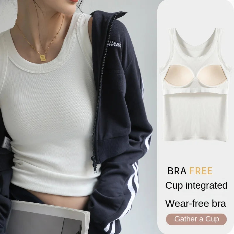 New Women Solid Round Neck Ribbed Tank Top Camisole Women Summer Basic Elastic TankTop One-piece Vest with Chest Pad Y2k - Matrix-studios.com