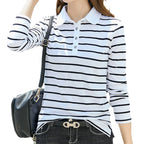 Flip collar striped t-shirt for women's spring and autumn new fashionable long sleeved polo shirt for women's pure cotton shirt - Matrix-studios.com