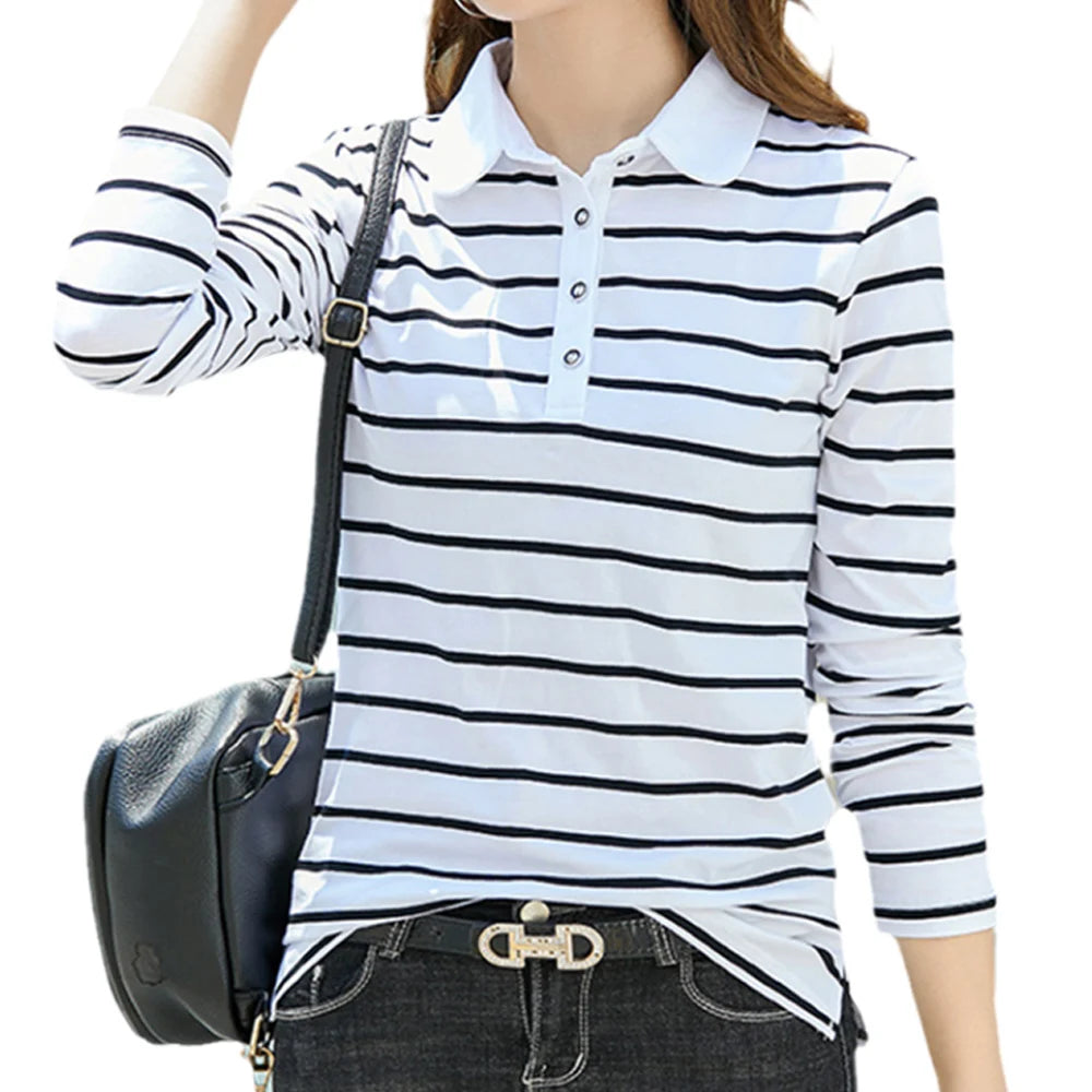Flip collar striped t-shirt for women's spring and autumn new fashionable long sleeved polo shirt for women's pure cotton shirt - Matrix-studios.com