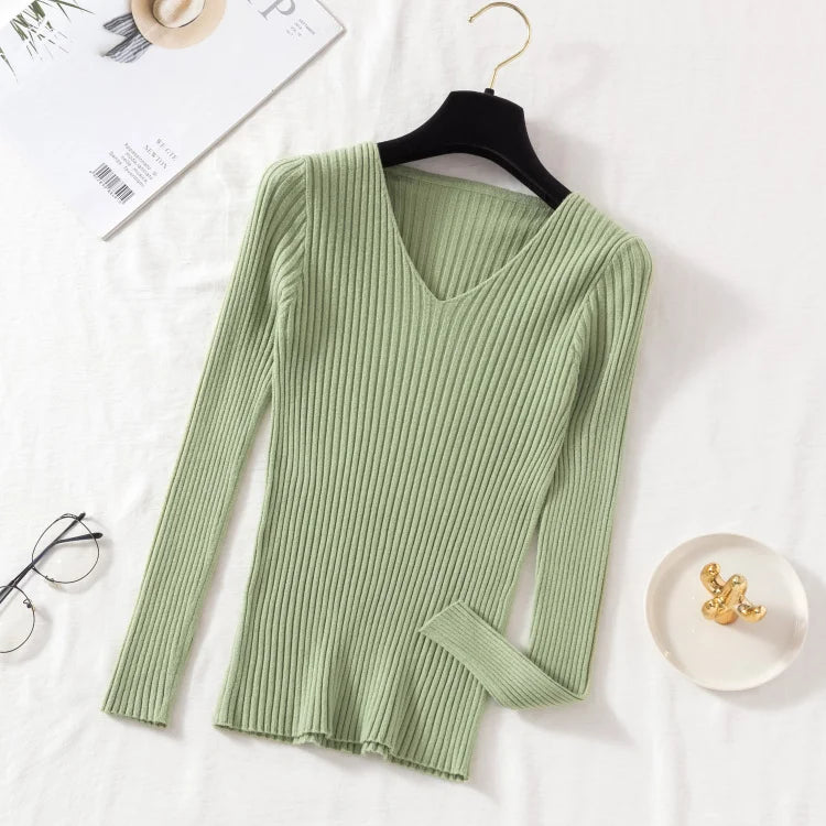 Autumn Winter Women Sweaters Casual Long Sleeve Knitted V Neck Pullover Sweater Femme Basic Solid Jersey Tops Fashion Clothes - Matrix-studios.com