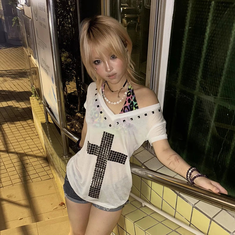 Karrram Japanese Y2k Metal Cross Print T-shirt Vintage Harajuku Short Sleeve Sheer Tops Trashy 2000s V-neck Streetwear Grunge - Matrix-studios.com