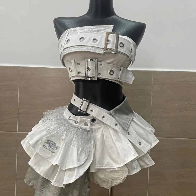 Summer Vintage Elegant Y2K Woman 2 Piece Sets Punk Gothic Strapless Crop Tops +High Waist Ruffle Skirt Female Party Outfits 2025 - Matrix-studios.com