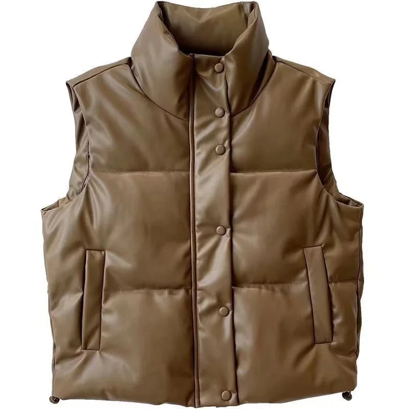 Autumn Winter PU Leather Coat Women Black Stand Collar Vests Women Fashion Zipper Elegant Short Vests Female Ladies - Matrix Studios