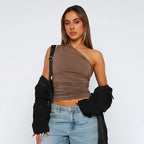 Solid Color One Shoulder Backless Shrink Tank Top T-Shirt Candy Color Tight Sexy Sleeveless Neckless Slim Casaul Top - Matrix-studios.com