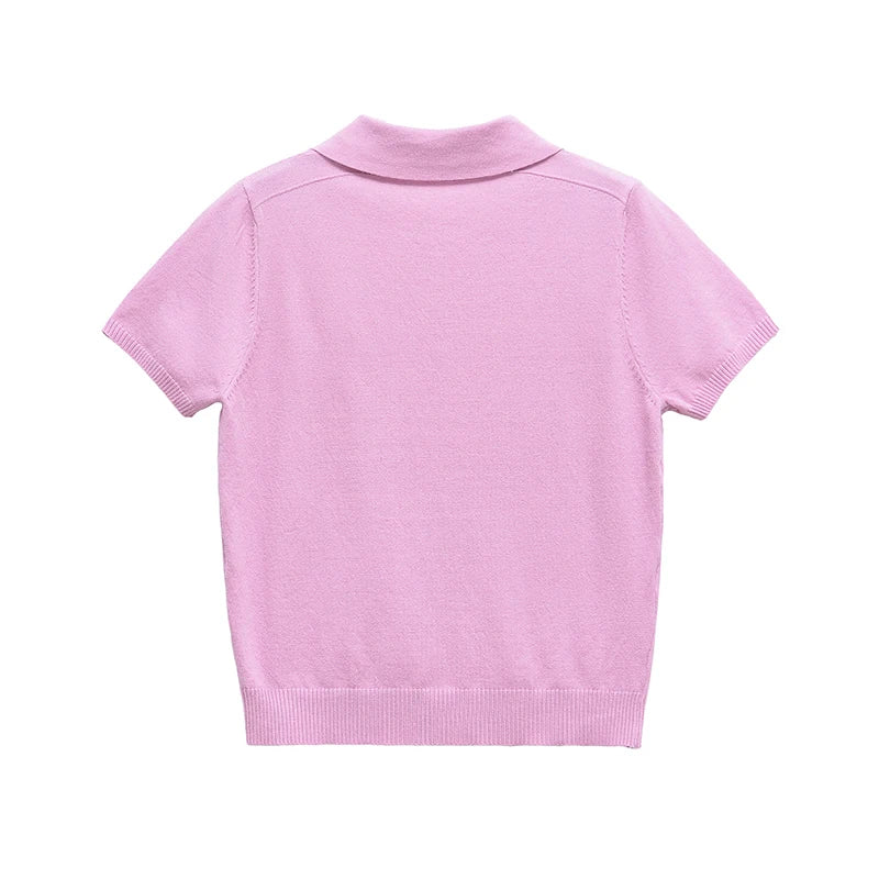YENKYE New 2025 Women Basic Jersey Polo Collar T Shirt Short Sleeve Front Button Rib Trim Tees Spring Summer Crop Top - Matrix-studios.com