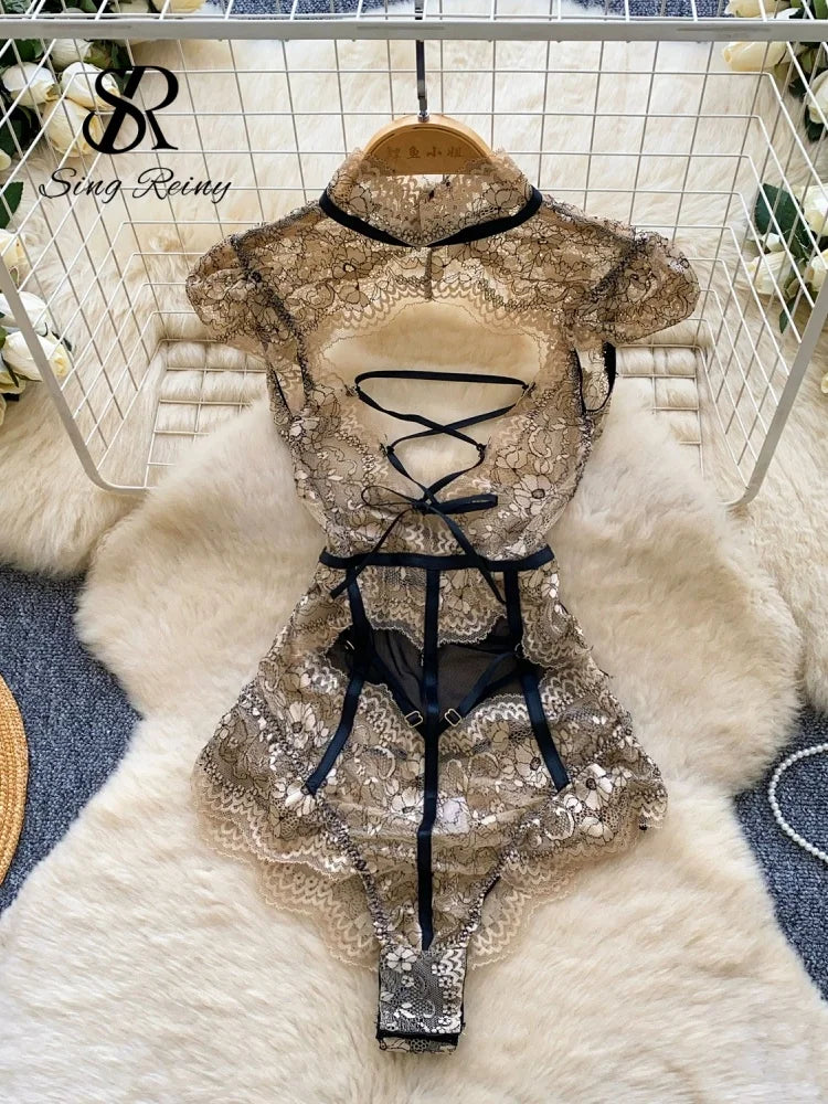 SINGREINY Lace Sheer Sexy Playsuits Female Hollow Out Mesh Cosplay Nightwear Floral Embroidery Slim Bodysuits - Matrix Studios