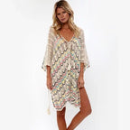 Cotton Crochet Tunic Mini Dresses Women Cover Up Bikini Sexy Hollow Out Deep V Neck Lace-Up Summer Vestidos Boho Beach Robe - Matrix Studios