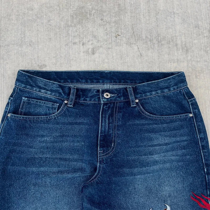 Dragon Graffiti Embroidery Dark Blue Loose Wide Leg Distressed Jeans Y2K High Waist Men Women Vintage Casual Daily Streetwear - Matrix Studios
