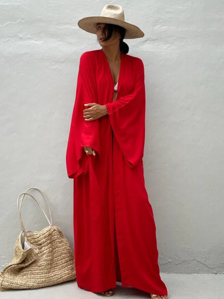 Solid Beach Cover Up Women Self Belted Wrap Kimono Dress Swimsuit 2025 New Robe Summer Beachwear Factory Supply - Matrix-studios.com