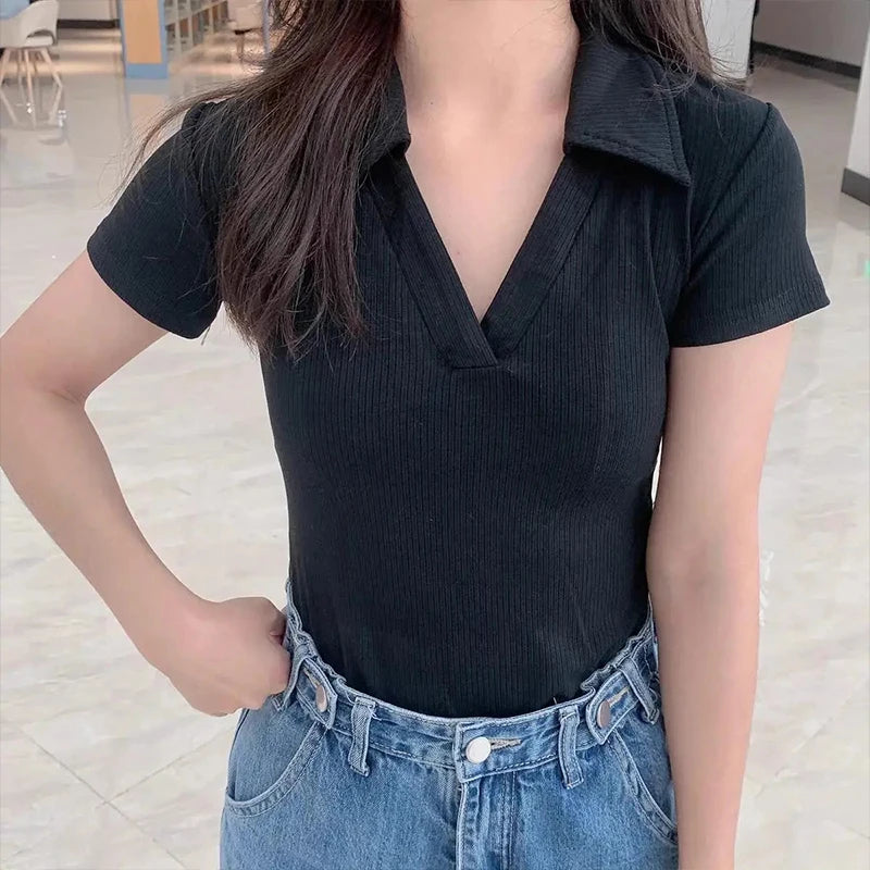 Sexy Short Sleeve White T-Shirt with Polo Collar Slim Fit Women's Summer Basic Black Elastics Crop Top  Y2k Clothes - Matrix-studios.com
