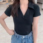 Sexy Short Sleeve White T-Shirt with Polo Collar Slim Fit Women's Summer Basic Black Elastics Crop Top  Y2k Clothes - Matrix-studios.com