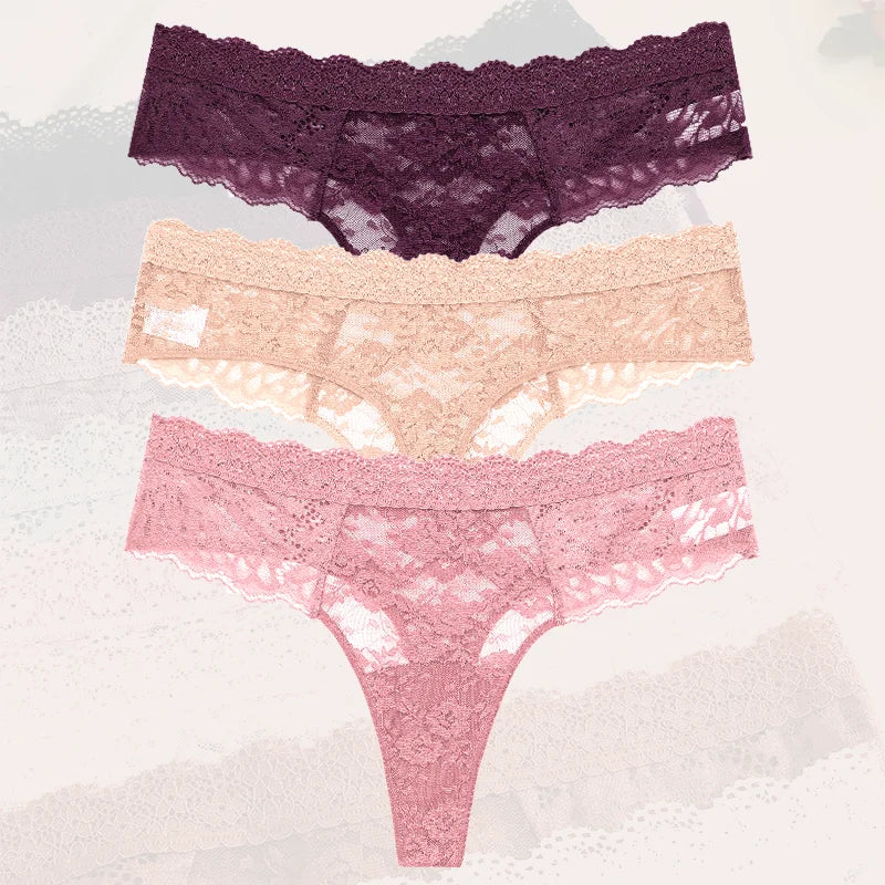 3Pcs Lace Sexy Thongs Women Low-Rise Briefs Sexy Soft Ladies Underwear Trendy Floral Underpants Female Flowery Panty Lingerie - Matrix Studios
