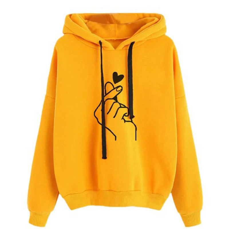 Autumn Fleece Hoodie Solid Color Finger Heart Hooded Korean Fashion Sweatshirts Long Sleeve Top Drawstring Pockets Loose Hoodies - Matrix-studios.com